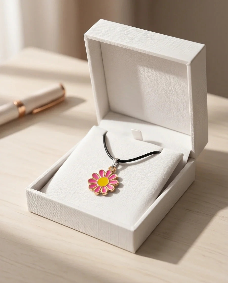 Pink Daisy Flower Enamel Pendant Choker Necklace