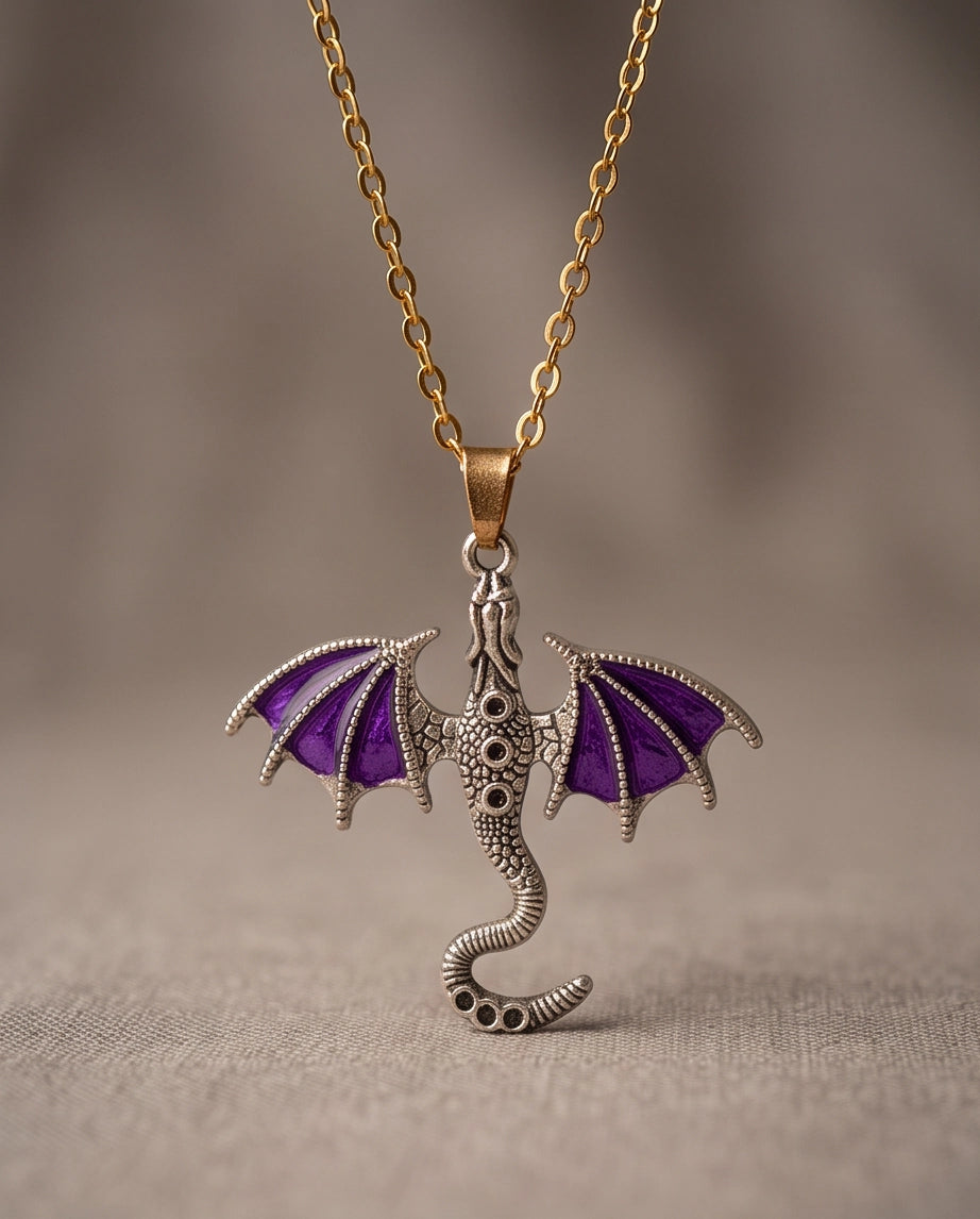 Silver Purple Enamel Dragon Wyvern Pendant Necklace