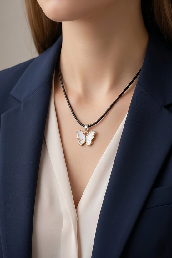 Gold and White Butterfly Pendant Necklace