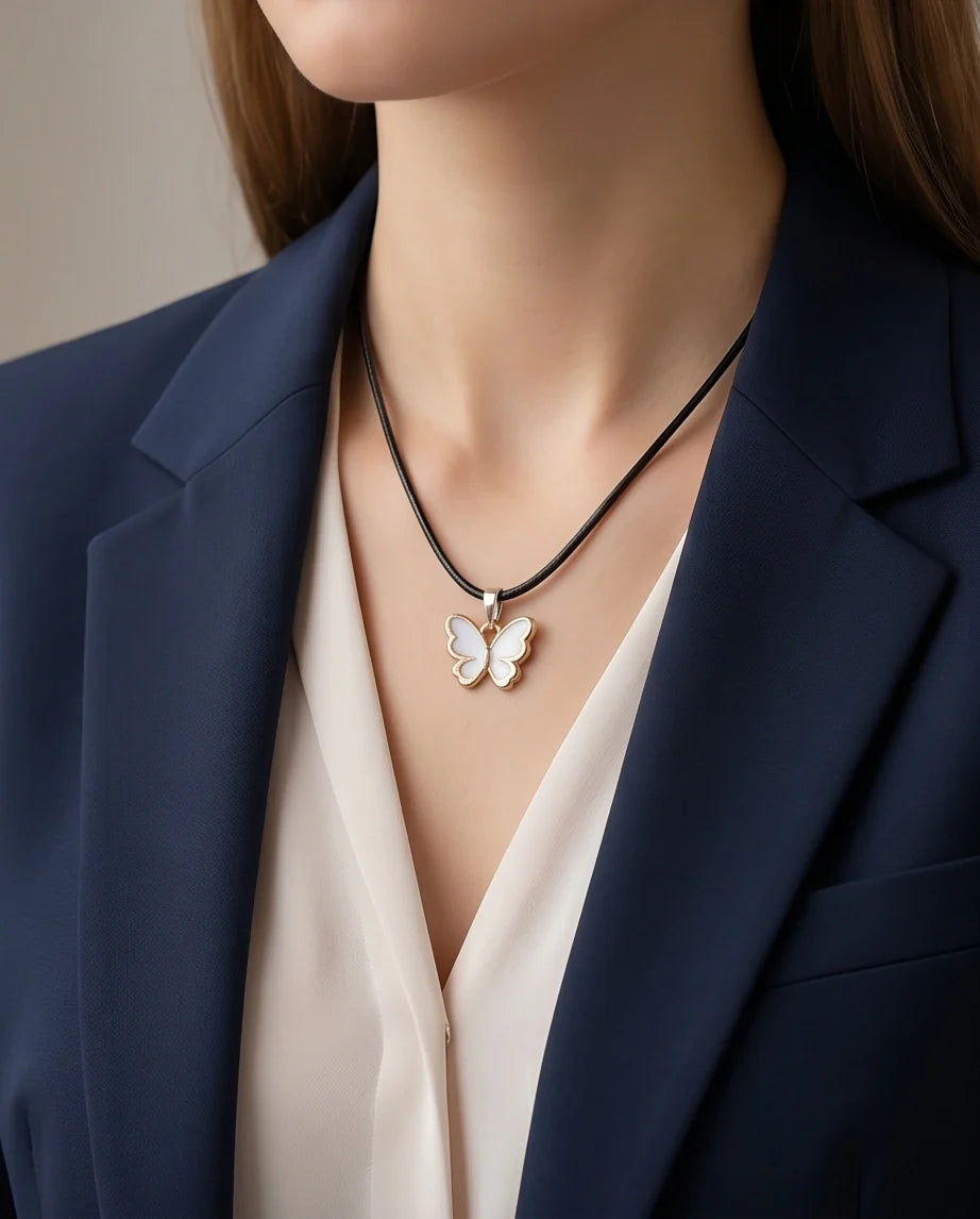Gold and White Butterfly Pendant Necklace