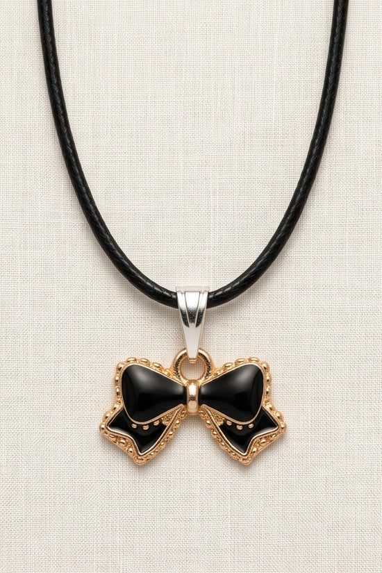 Gold and Black Ribbon Bow Necklace