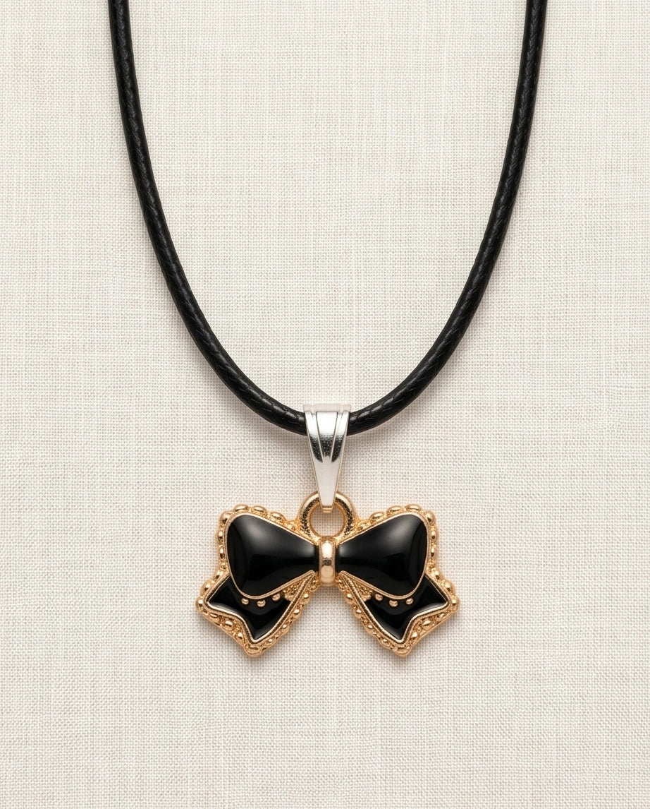 Gold and Black Ribbon Bow Necklace