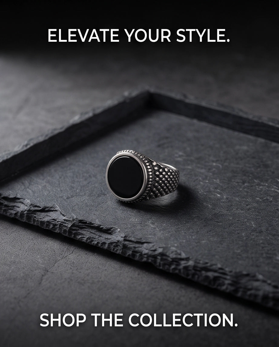 Onyx-Style Round Cabochon Beaded Scale Texture Silver Ring