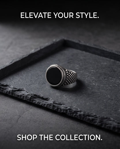 Onyx-Style Round Cabochon Beaded Scale Texture Silver Ring