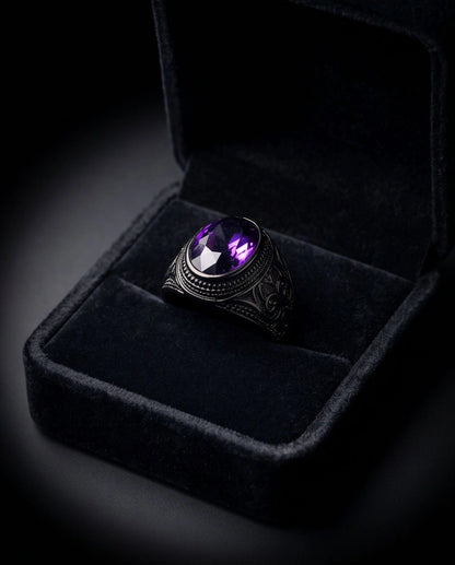 Matte Black Oval Amethyst Scroll Signet Ring