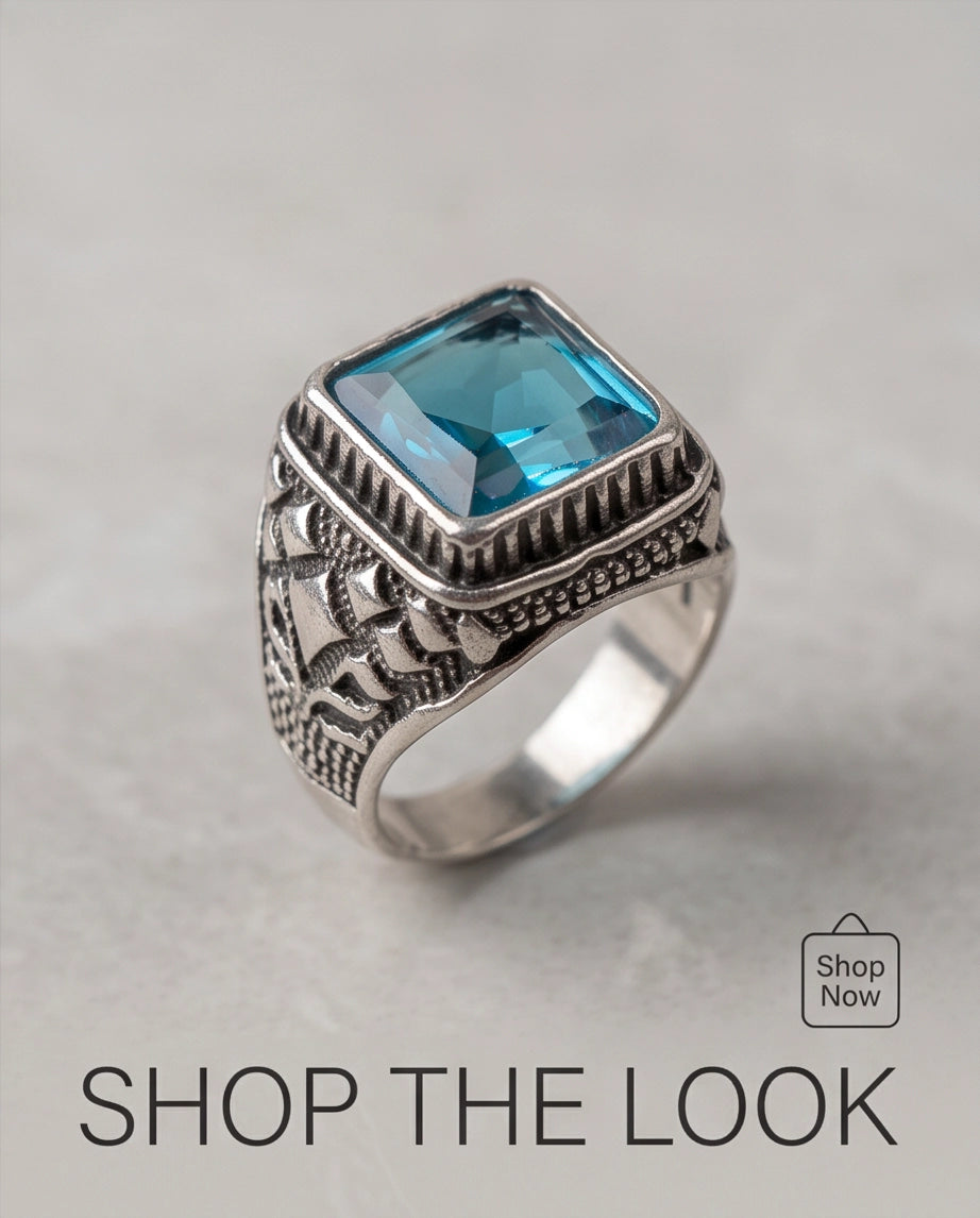 Radiant Cyan Princess-Cut Gemstone Ornate Bezel Silver Ring