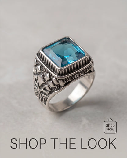 Radiant Cyan Princess-Cut Gemstone Ornate Bezel Silver Ring