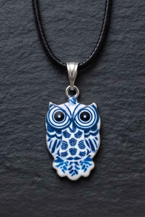 Artistic Blue Porcelain Owl Totem Pendant Necklace