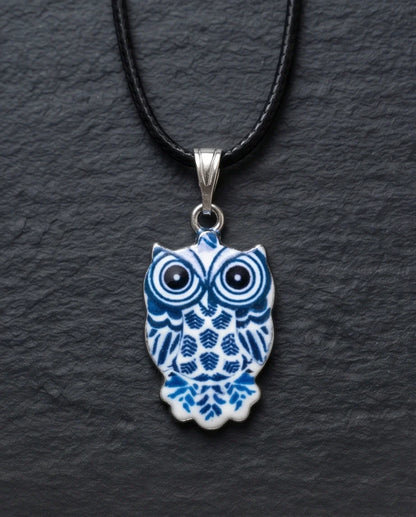 Artistic Blue Porcelain Owl Totem Pendant Necklace