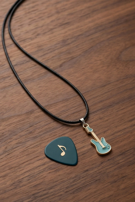 Gold and Turquoise Enamel Electric Guitar Necklace