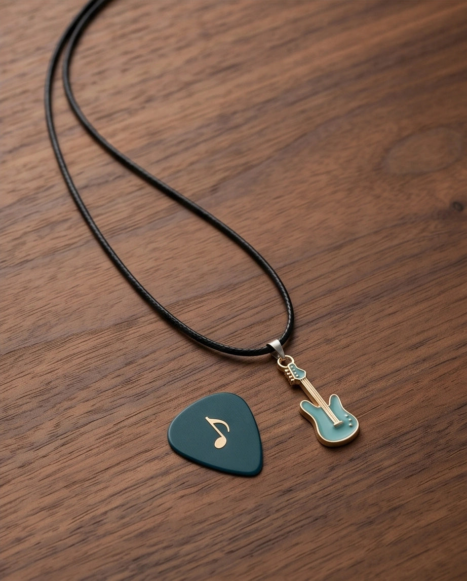 Gold and Turquoise Enamel Electric Guitar Necklace