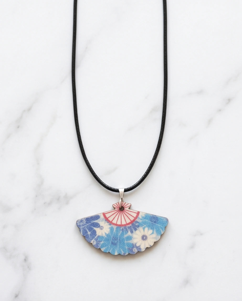 Vintage Ocean Blue Floral Hand-Fan Pendant Necklace