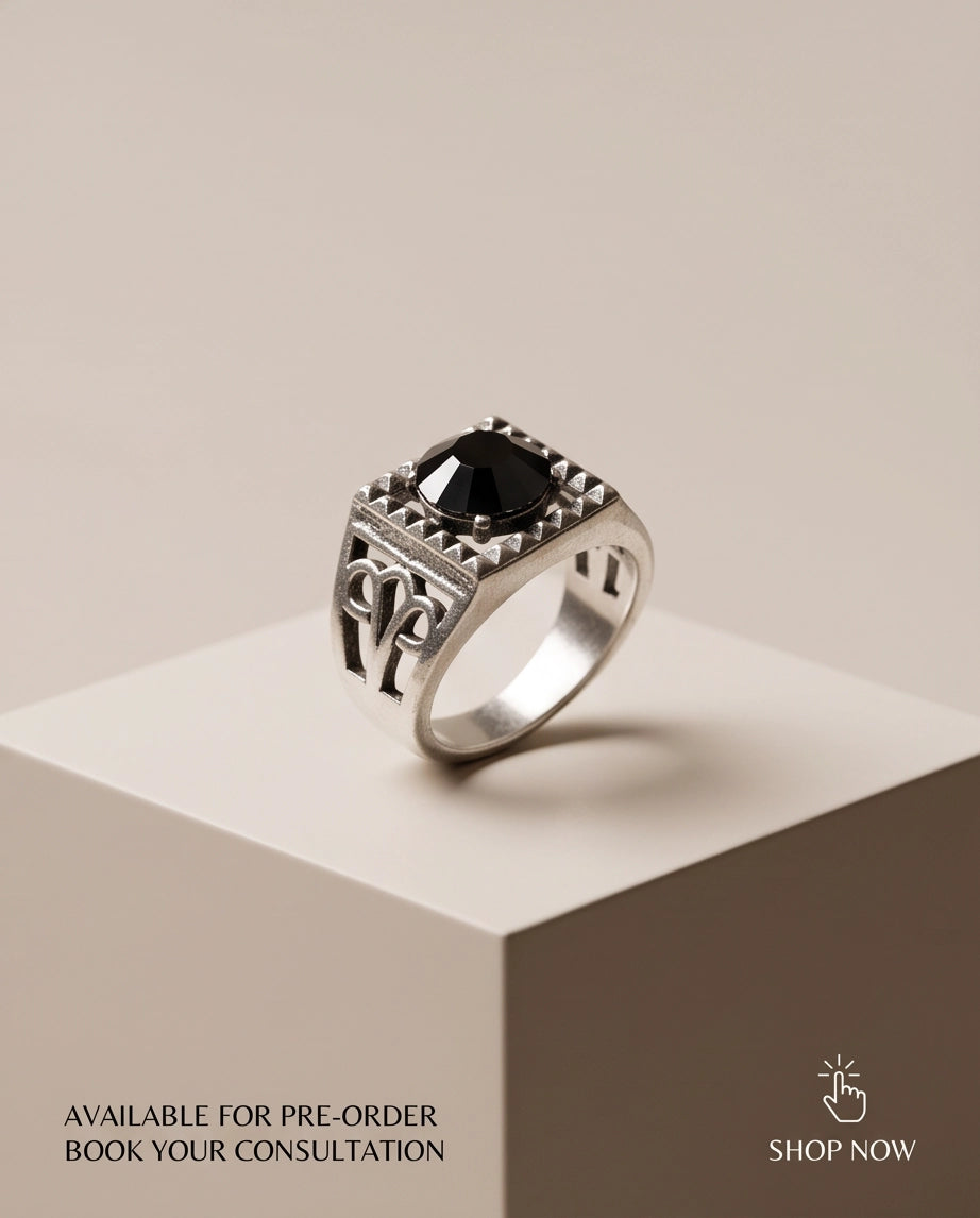 Brilliant Round Cut Faceted Black Sawtooth Filigree Scroll Silver Ring