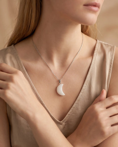 Silver Opal White Crescent Moon Pendant Necklace
