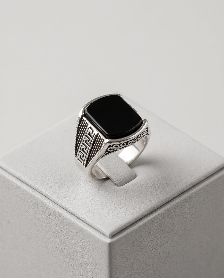 Onyx Gemstone Cushion Cabochon Greek Key Stippled Silver Ring