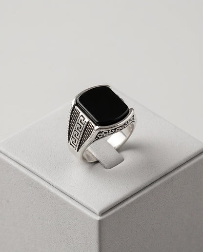 Onyx Gemstone Cushion Cabochon Greek Key Stippled Silver Ring