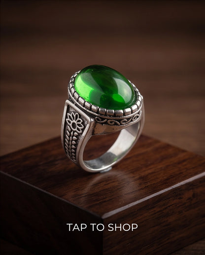Emerald Cabochon Beaded Bezel Floral Silver Ring