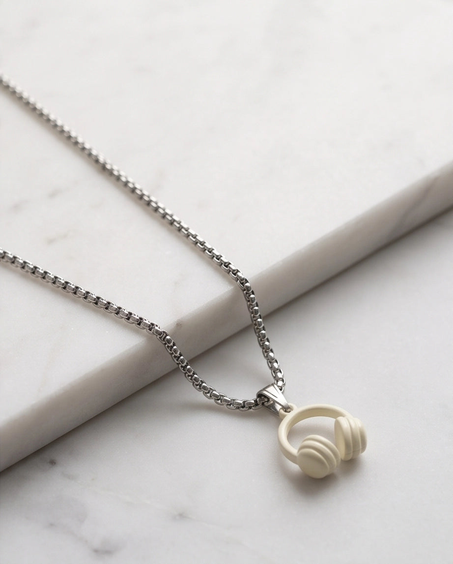 Cream White Headphones Enamel Pendant Necklace
