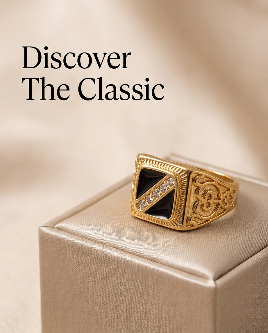 Onyx-Inlay Channel Pavé Diagonal Striped Filigree Gold Ring