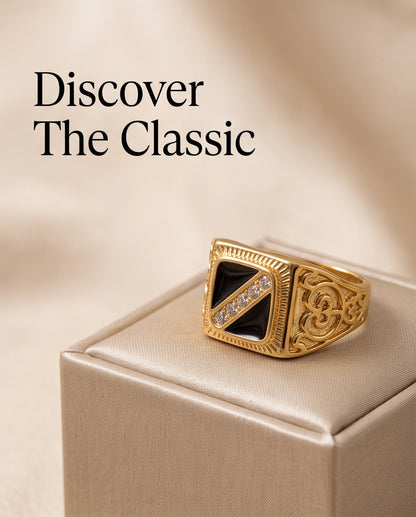 Onyx-Inlay Channel Pavé Diagonal Striped Filigree Gold Ring