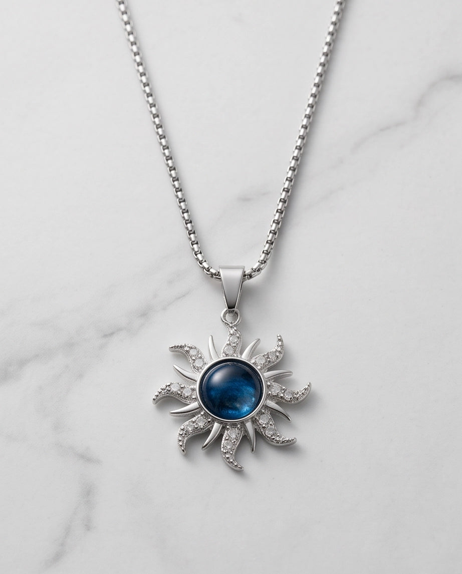 Silver Crystal Celestial Sunburst Galaxy Pendant Necklace