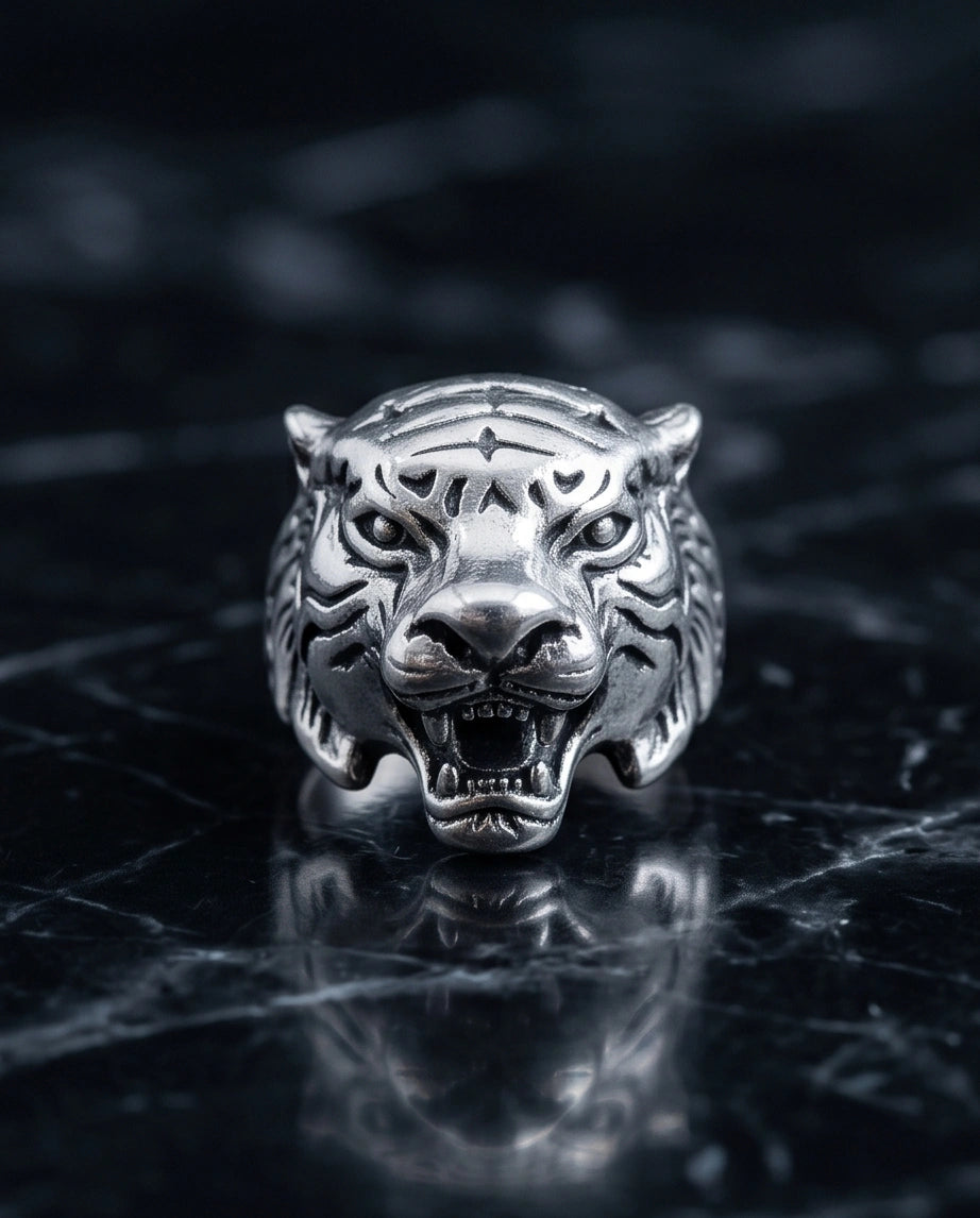 Vintage Silver Oxidized Roaring Tiger Head Statement Ring