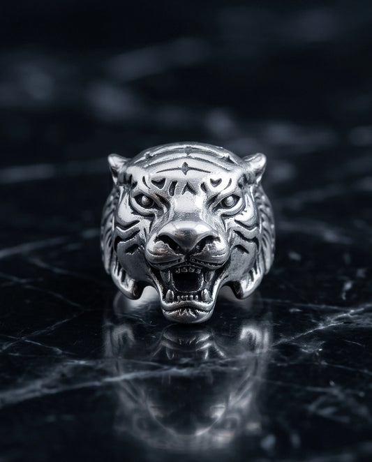 Vintage Silver Oxidized Roaring Tiger Head Statement Ring