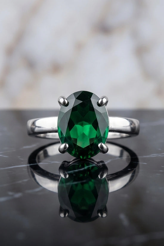 Sterling Silver Oval-Cut Green Emerald Solitaire Ring
