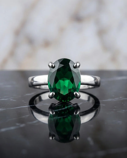 Sterling Silver Oval-Cut Green Emerald Solitaire Ring