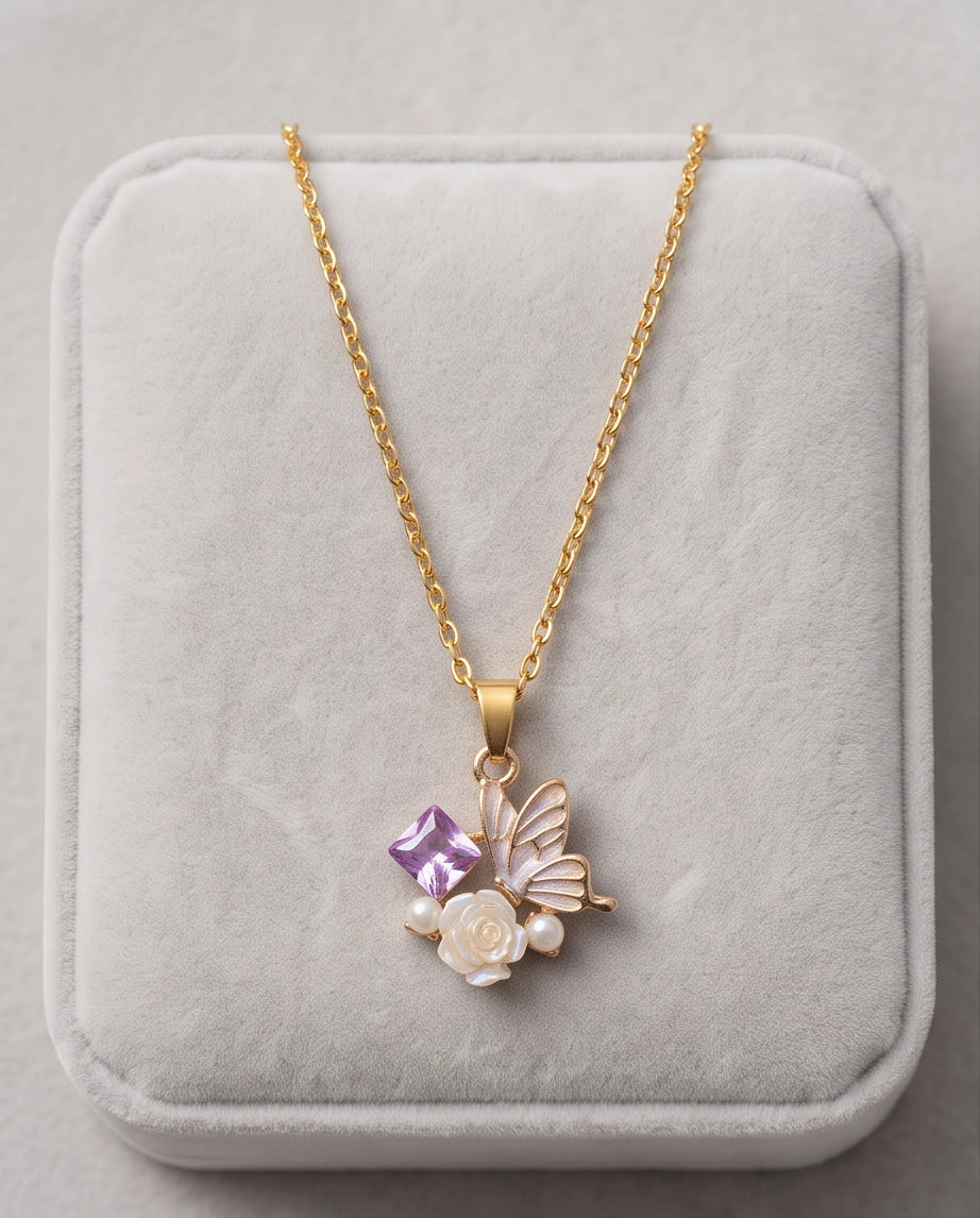 Gold Purple Enamel Butterfly & Pearl Rose Cluster Pendant Necklace