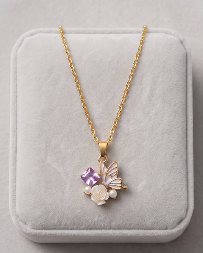 Gold Purple Enamel Butterfly & Pearl Rose Cluster Pendant Necklace