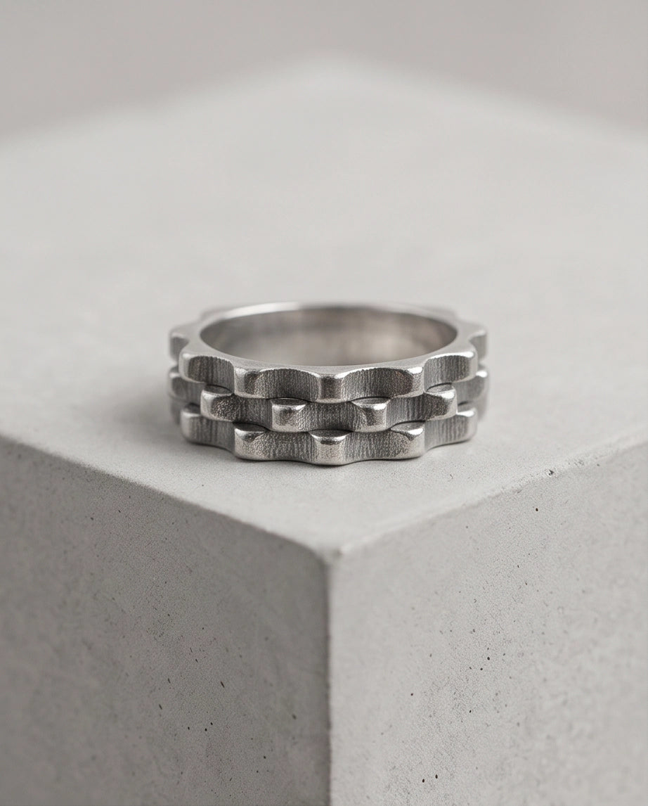 Industrial Cogwheel Scalloped Silver Band