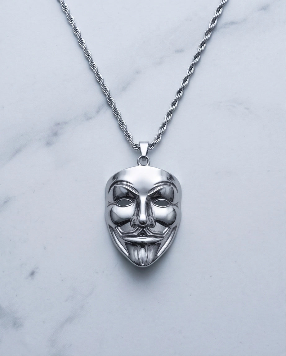 Silver Guy Fawkes Mask Rope Chain Necklace