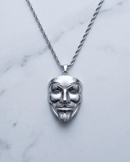 Silver Guy Fawkes Mask Rope Chain Necklace