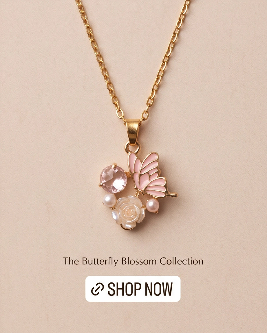 Gold Pink Enamel Butterfly & Pearl Rose Cluster Pendant Necklace