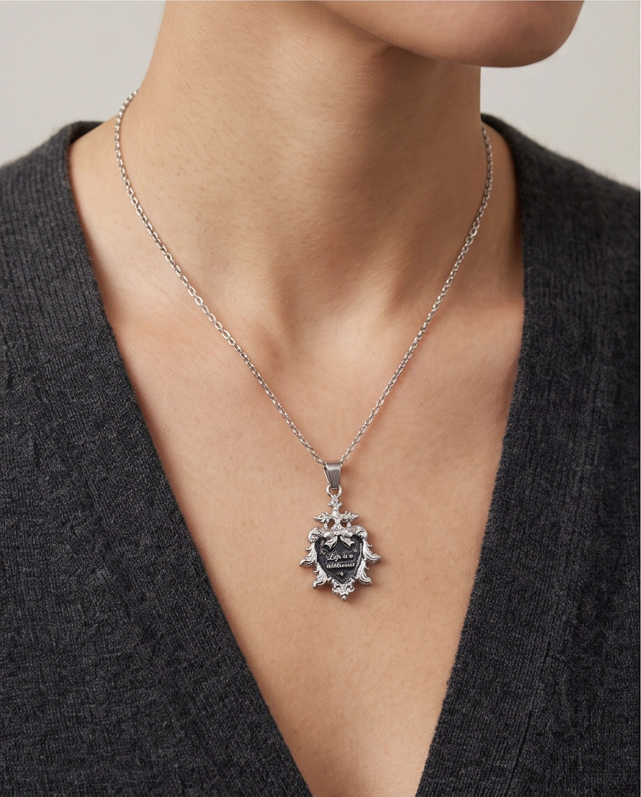 Silver Vintage Heart Engraved Black Enamel Pendant Necklace