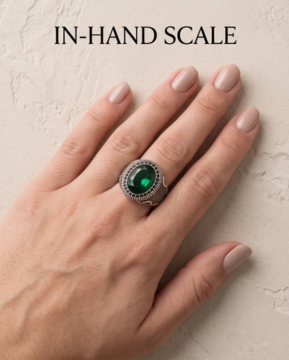 Emerald Gemstone Double Beaded Frame Scroll Silver Ring