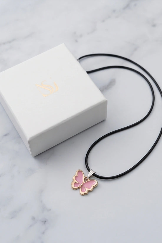 Pink Butterfly Enamel Pendant Necklace