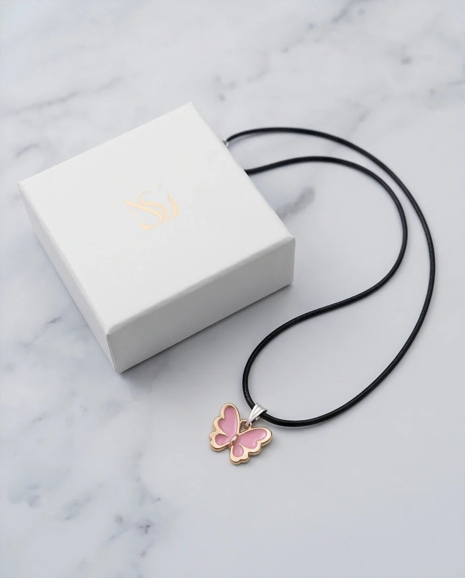Pink Butterfly Enamel Pendant Necklace