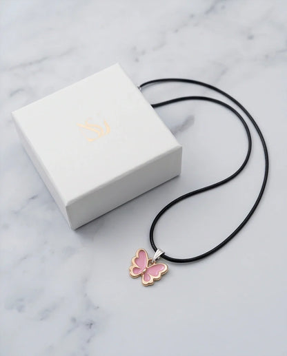Pink Butterfly Enamel Pendant Necklace