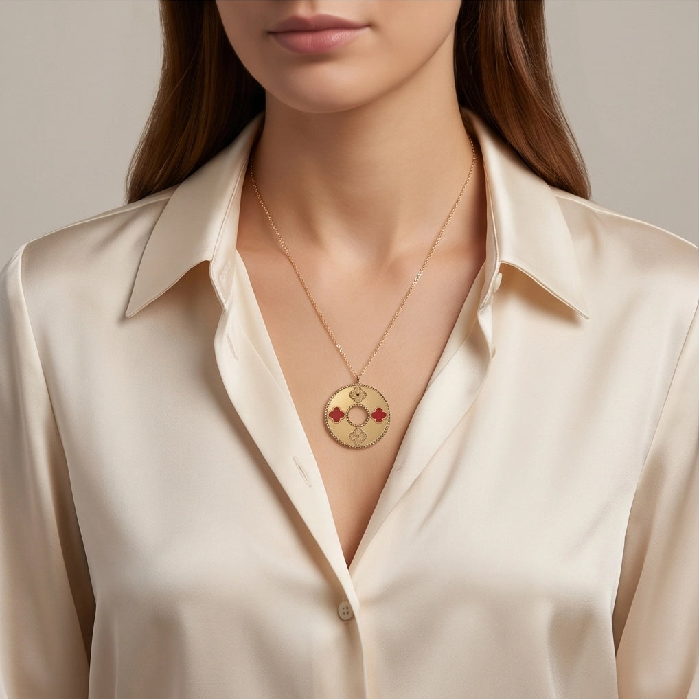 Gold Red Clover Medallion Necklace