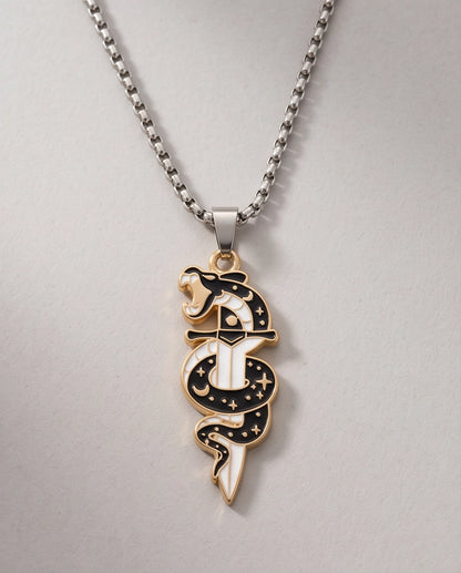 Gold Snake & Dagger Celestial Enamel Pendant Necklace