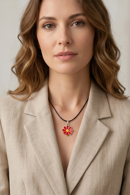 Gold and Red Daisy Pendant Necklace