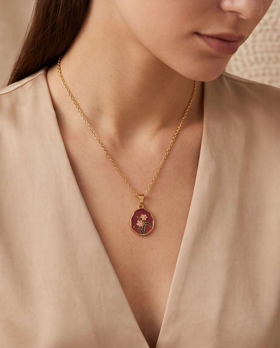Gold Pink Floral Enamel Medallion Chain Necklace