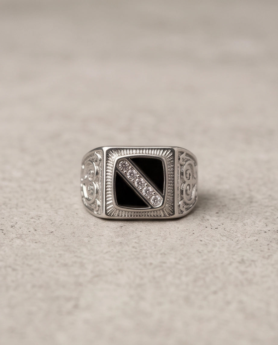Onyx-Inlay Channel Pavé Diagonal Striped Filigree Silver Ring