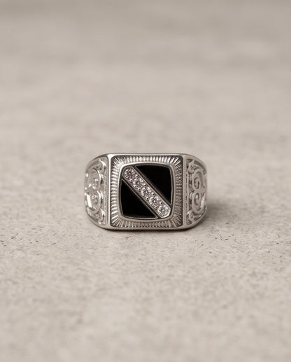Onyx-Inlay Channel Pavé Diagonal Striped Filigree Silver Ring