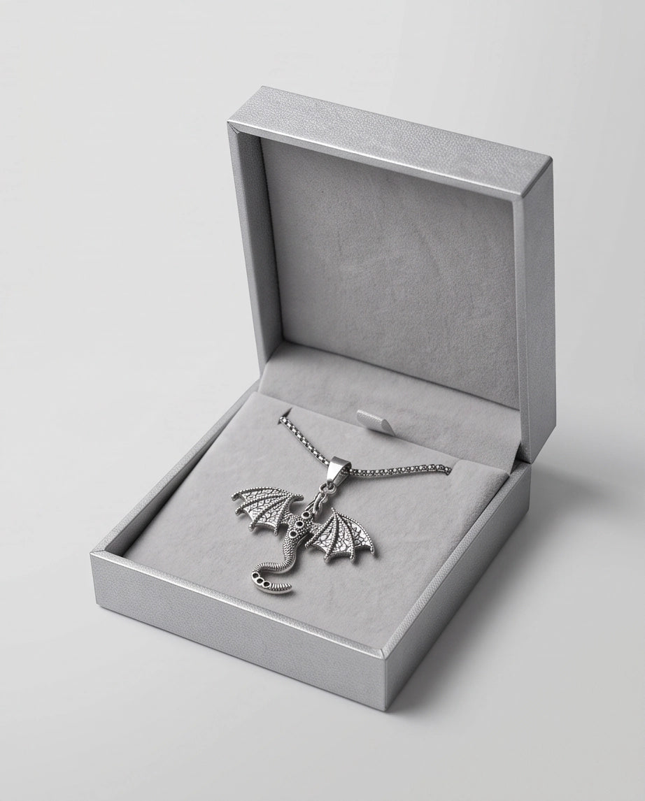 Silver Textured Dragon Wyvern Pendant Necklace