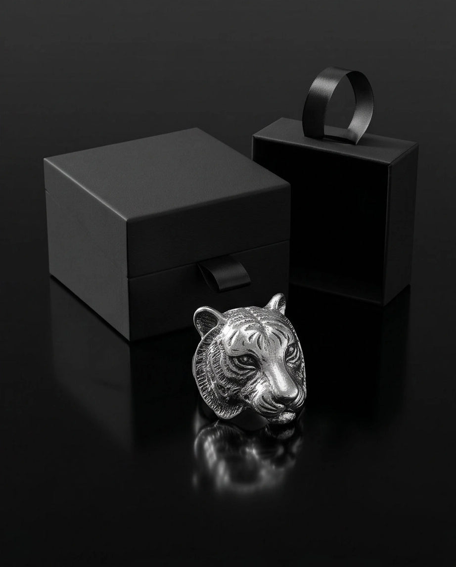 Oxidized Silver Sculpted Tiger Signet Ring