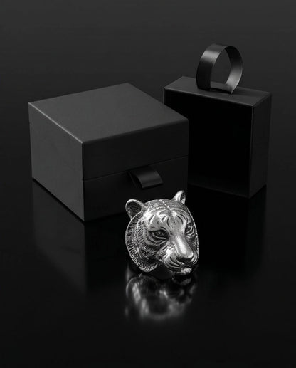 Oxidized Silver Sculpted Tiger Signet Ring