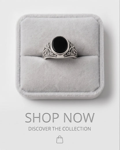 Onyx-Style Oval Cabochon Palm Tree Motif Silver Ring